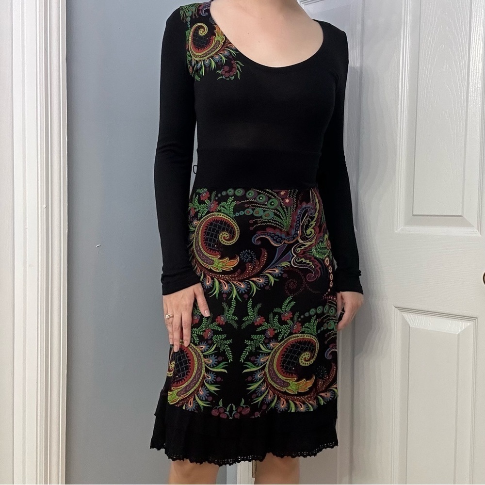 Desigual Dress Long Sleeve Sweater Black Knit Knee Length Size Extra Small
